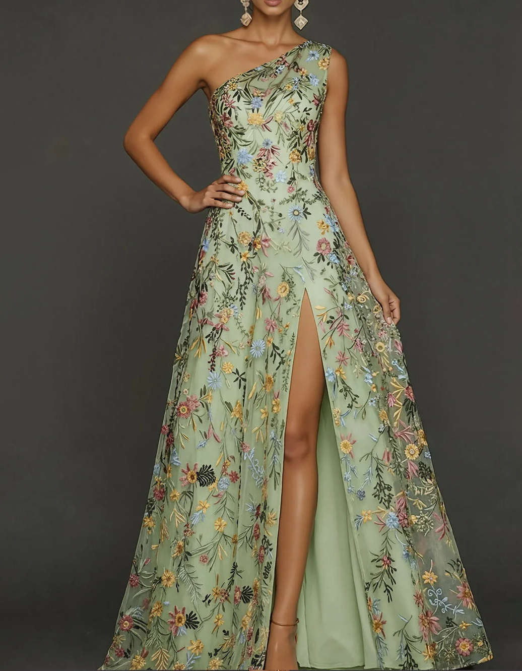 Chiffon Lace Embroidered One Shoulder Fitted Waist Maxi Dress