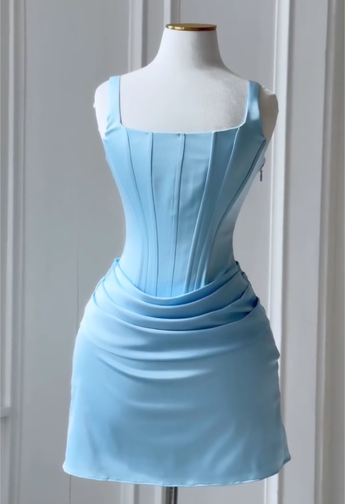 Square Neck Corset Ruched Satin Dress, Mini & Maxi Length, Blush Pink / Cream / Pale Yellow / Light Blue / Wine Red Evening Party Gown
