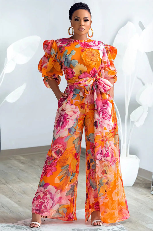 Party Orange Floral Round Neck Puff Sleeve Short Sleeve Pocket Wrap Chiffon Jumpsuits