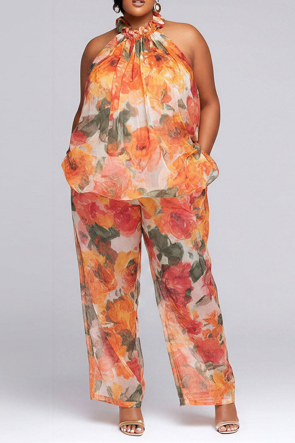 Daily Orange Floral Halter Collar Pocket Chiffon Two Piece Pant Sets