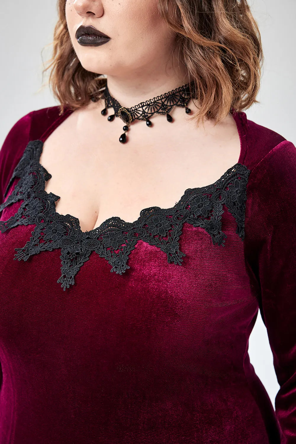 Halloween Costume Burgundy Witches Gothic V-Neck Trumpet Sleeve Velvet Lace Maxi Dress(Ships 24h)