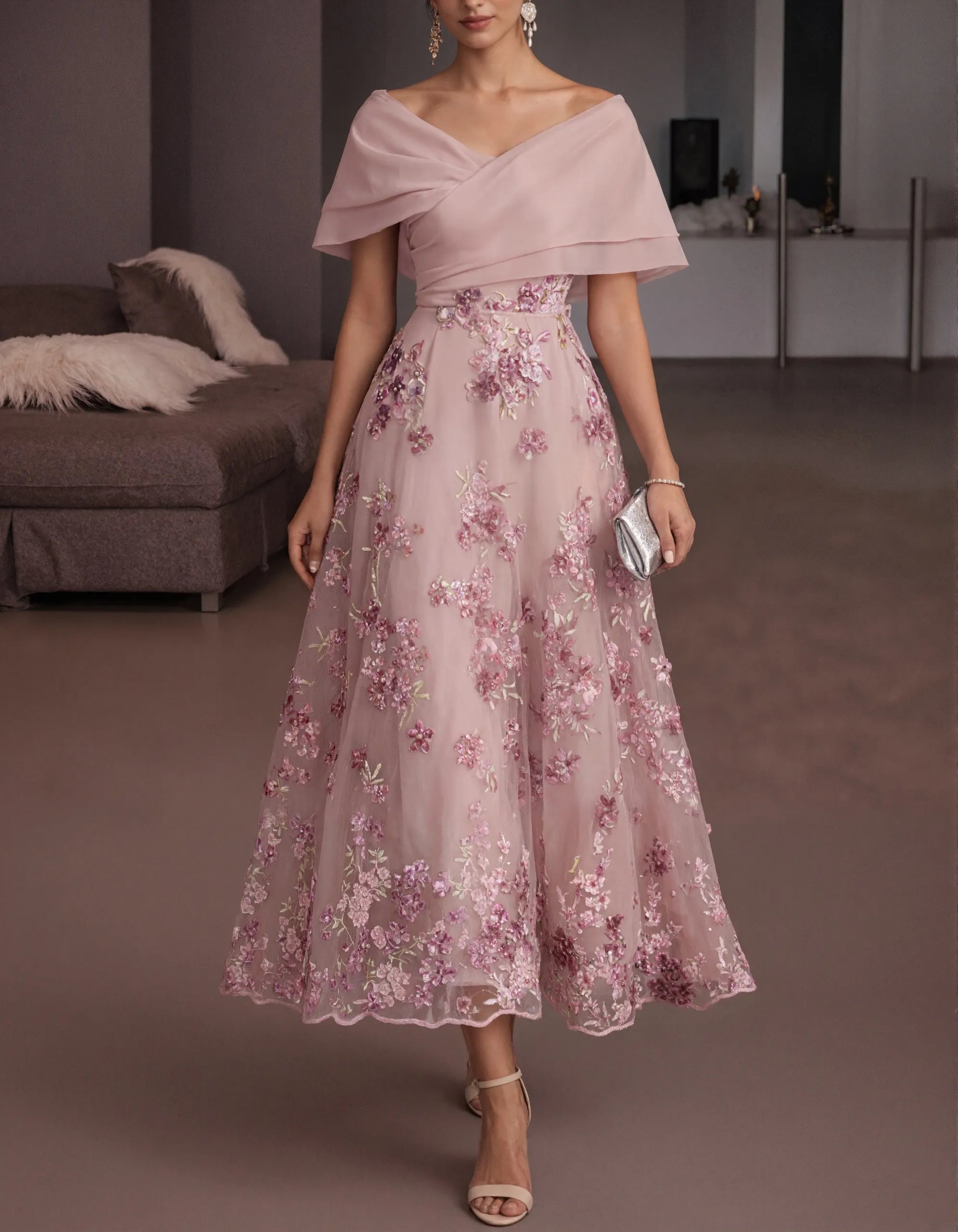 Solid Color Off Shoulder 3D Floral Embroidery Maxi Dress