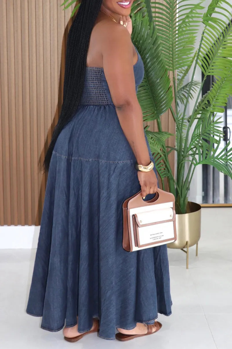 Women's Resort Halter Stretch Waist Denim Dress