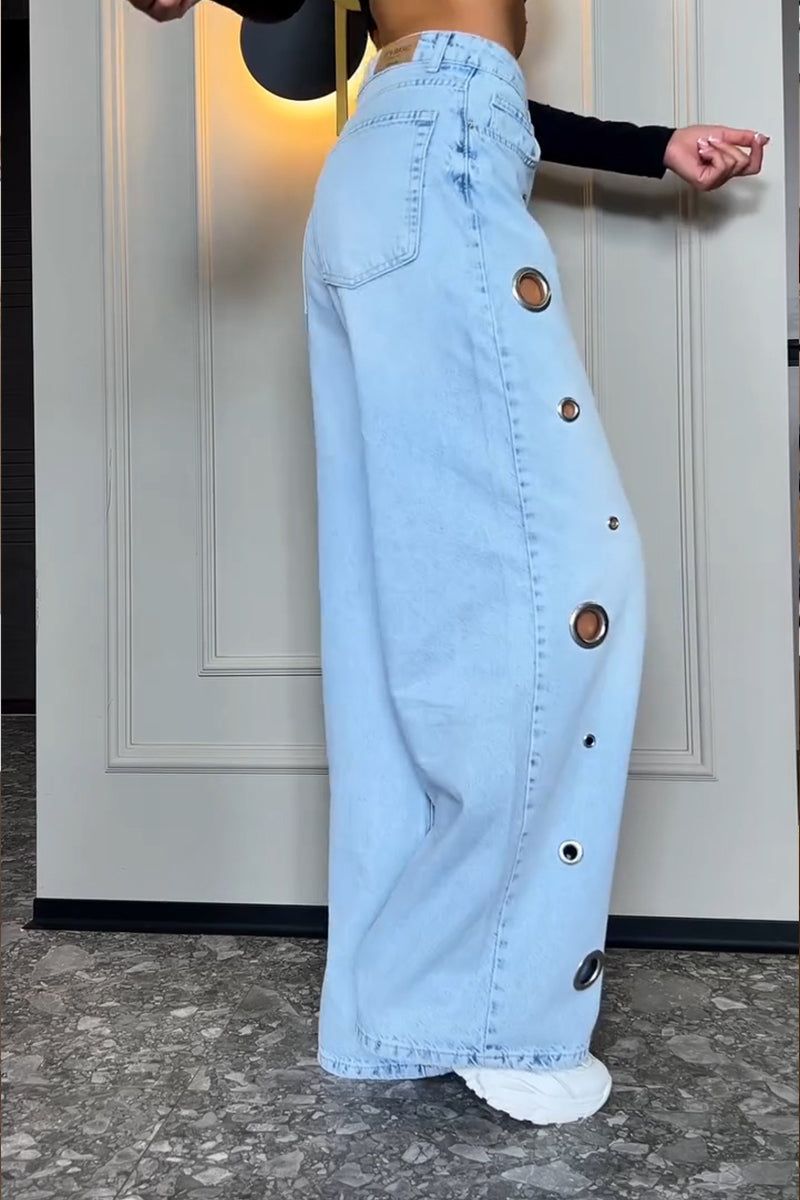 Women's Fashion Metal Hollow-Out Decoration Wide Leg Jeans