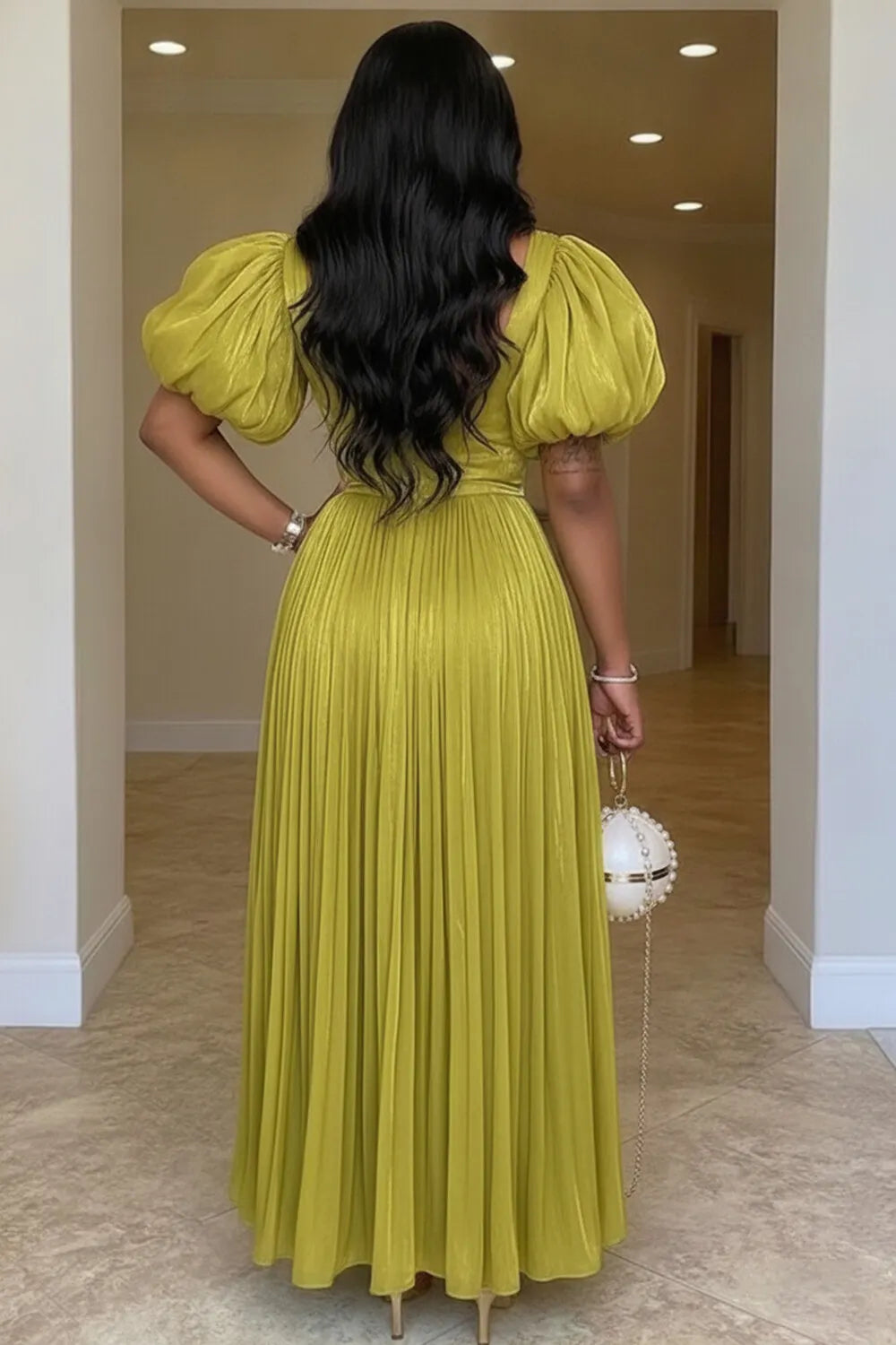 V Neck Puff Sleeve Cinch Waist Ruffle Gowns Maxi Dresses-Green [Pre Order]