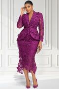 Cocktail Party Purple Lapel Collar Long Sleeve Bodycon See Through Lace Two Piece Skirt Set