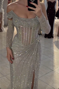 Silver Glitter Off-the-Shoulder Maxi Dress with Sheer Corset & High Thigh Slit