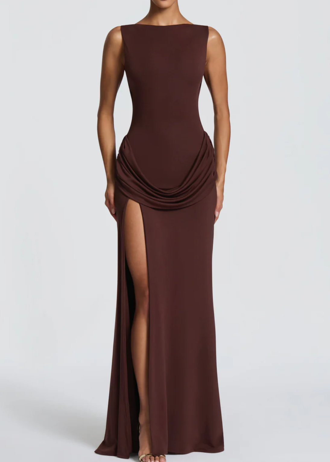 Chocolate Brown Sleeveless Maxi Dress with Cowl Back & High Slit