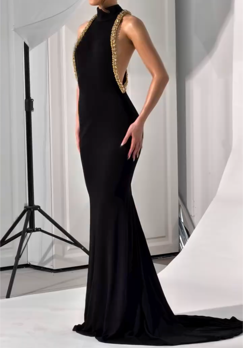 Glamorous Black High-Neck Mermaid Maxi Dress with Gold Crystal Open-Back Detail