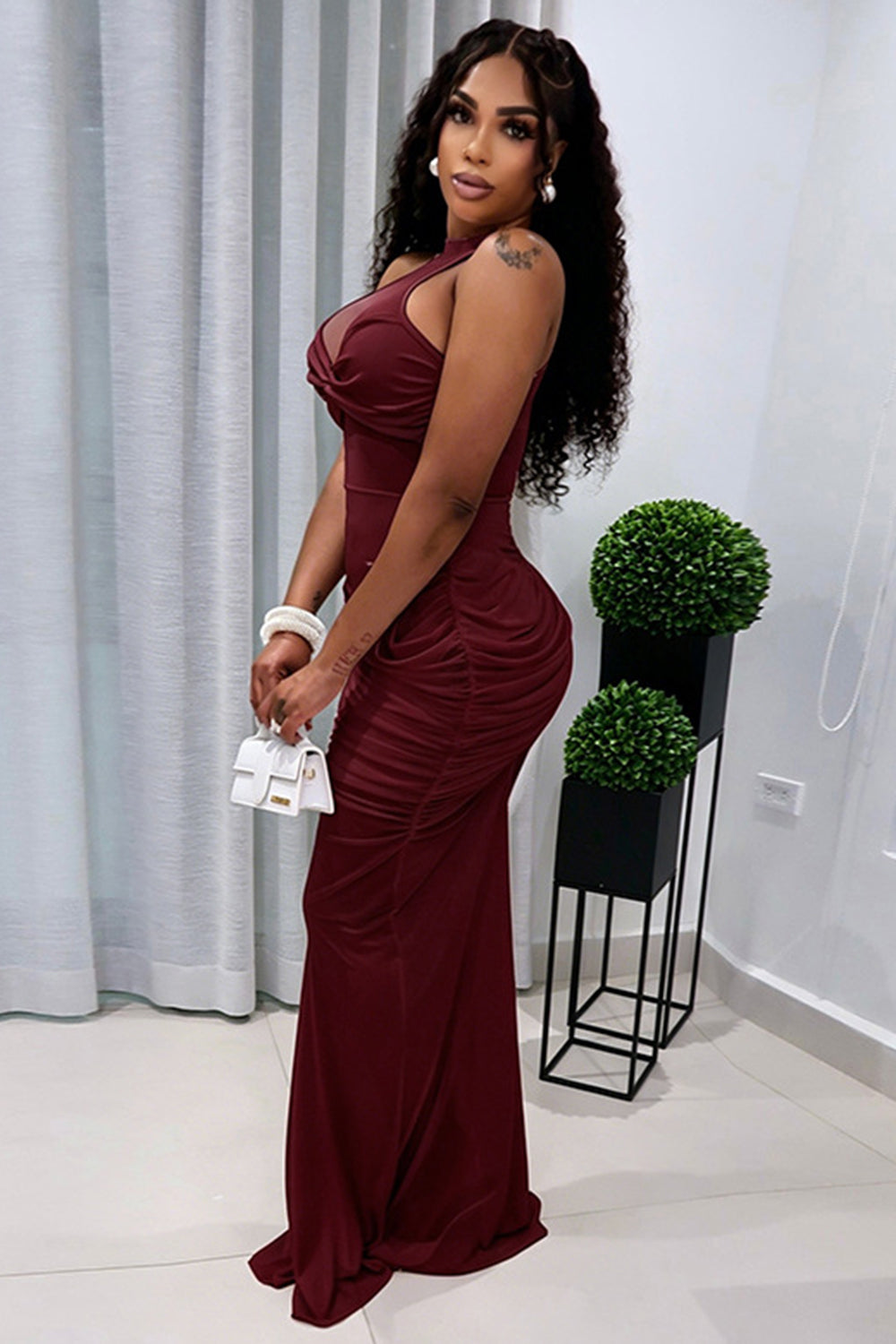 See Through Mesh Sleeveless Side Ruched Solid Color Maxi Dresses-Burgundy