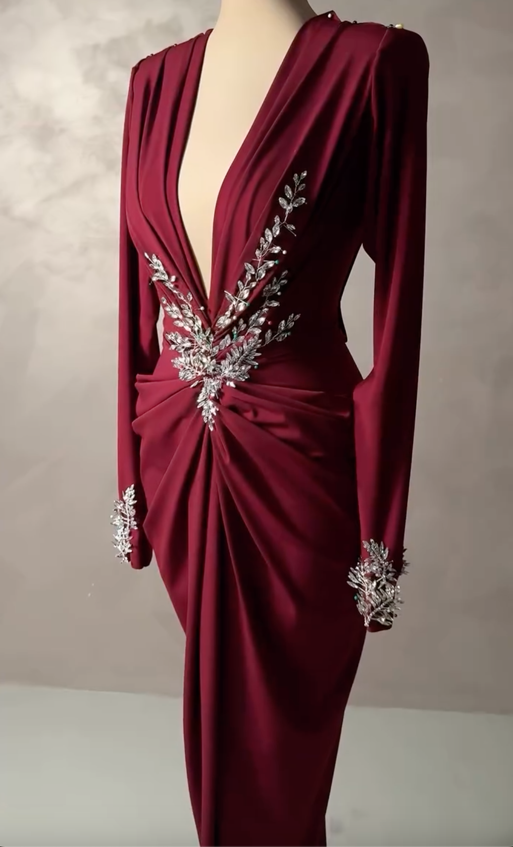 Glamorous Burgundy Beaded Long Sleeve Plunge V-Neck Maxi Dress