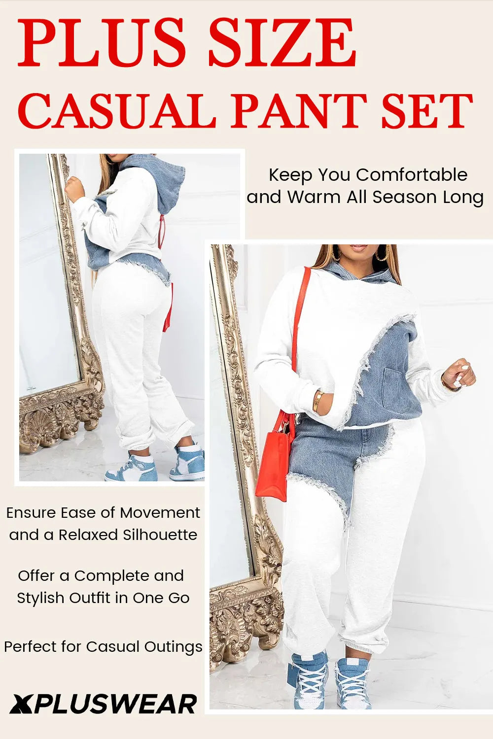Casual White Colorblock Denim Patchwork With Pocket Hooded Collar Long Sleeve Two Pieces Pants Set