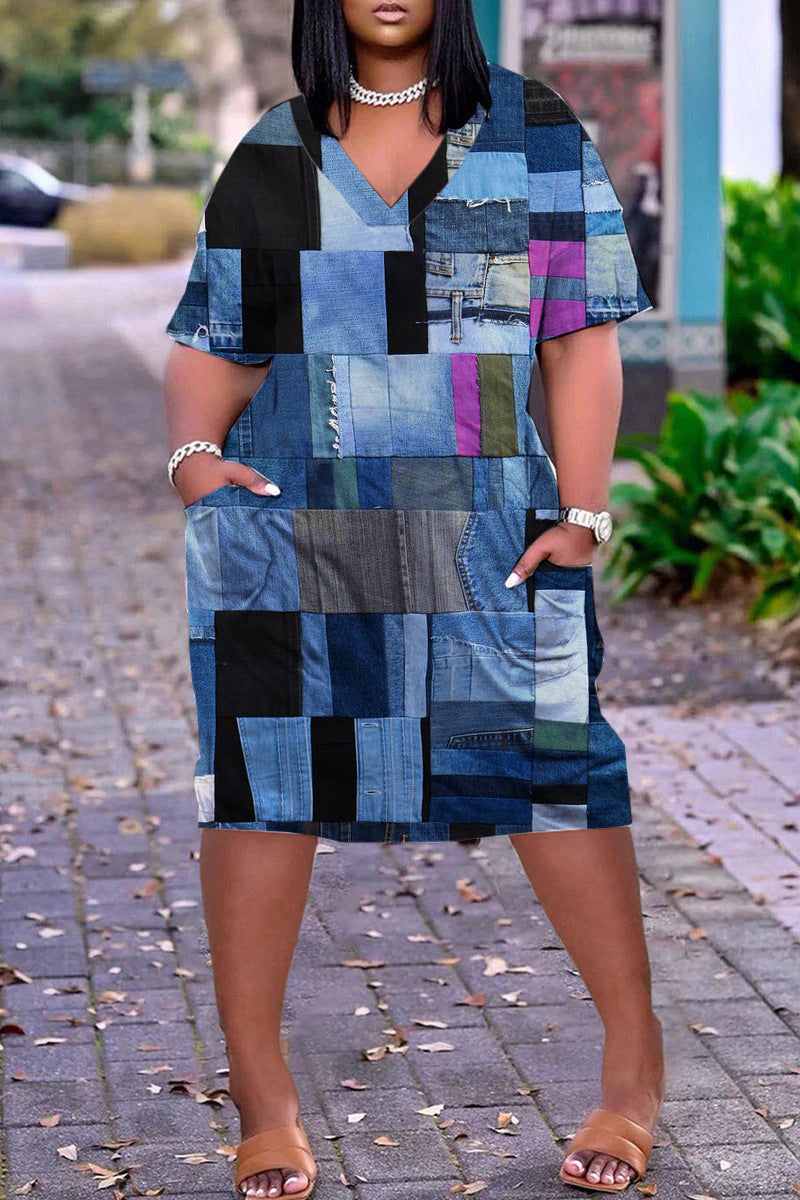 Xpluswear Plus Size Casual V Neck Short Sleeve Print Loose Midi Dress