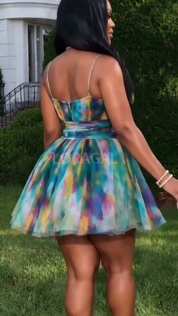 Cami Neck Cinch Waist Watercolor Print Mini Dresses-Multicolor