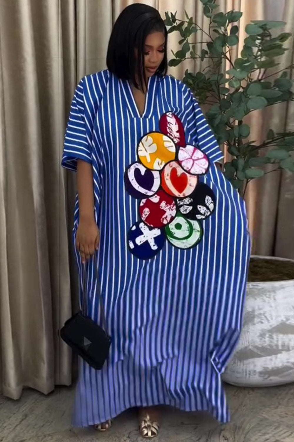 V Neck Half Sleeve Striped Graphic Print Loose Maxi Dresses-Blue