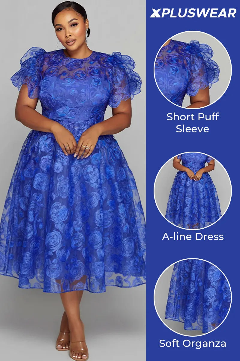 Cocktail Party Blue Round Neck Short Sleeve See Through Organza Midi Dresses