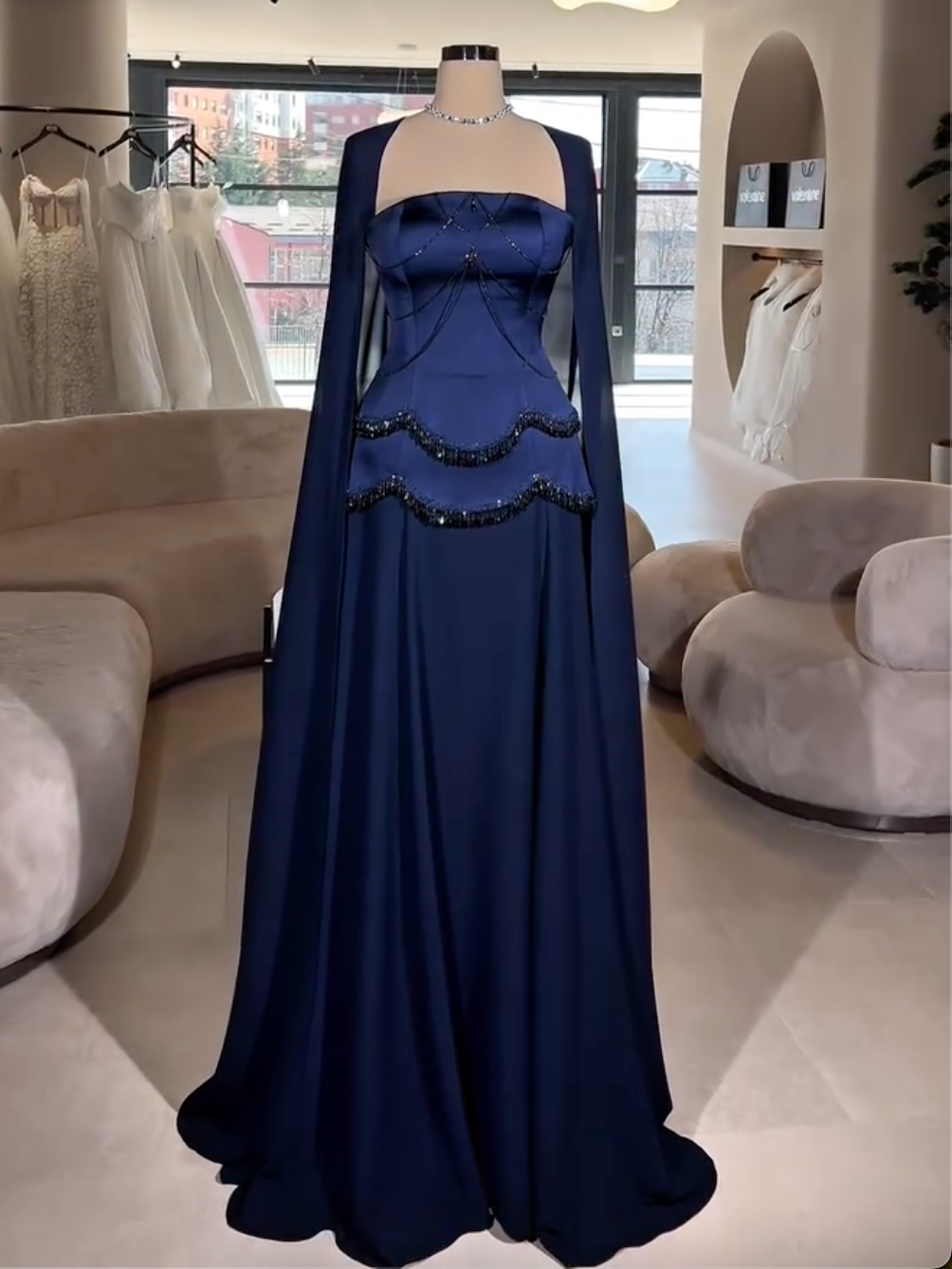 Navy Blue Strapless Maxi Dress with Crystal Beading & Cape Sleeves