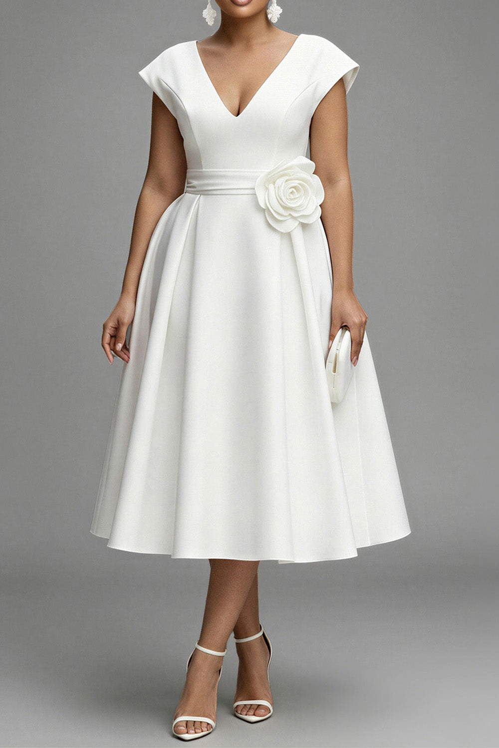 Cocktail Party Elegant White V Neck Pocket Satin Midi Dresses