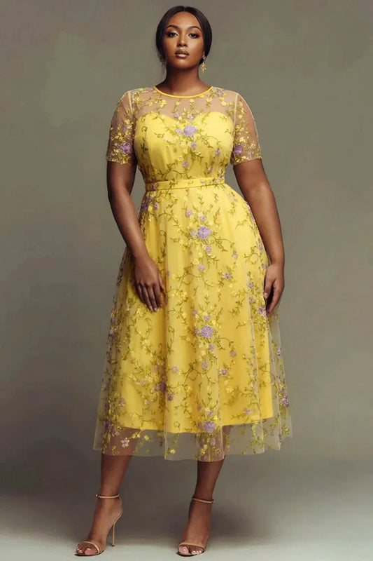 Cocktail Party Yellow Floral Round Neck Short Sleeve Embroidery See Through Midi Dresses