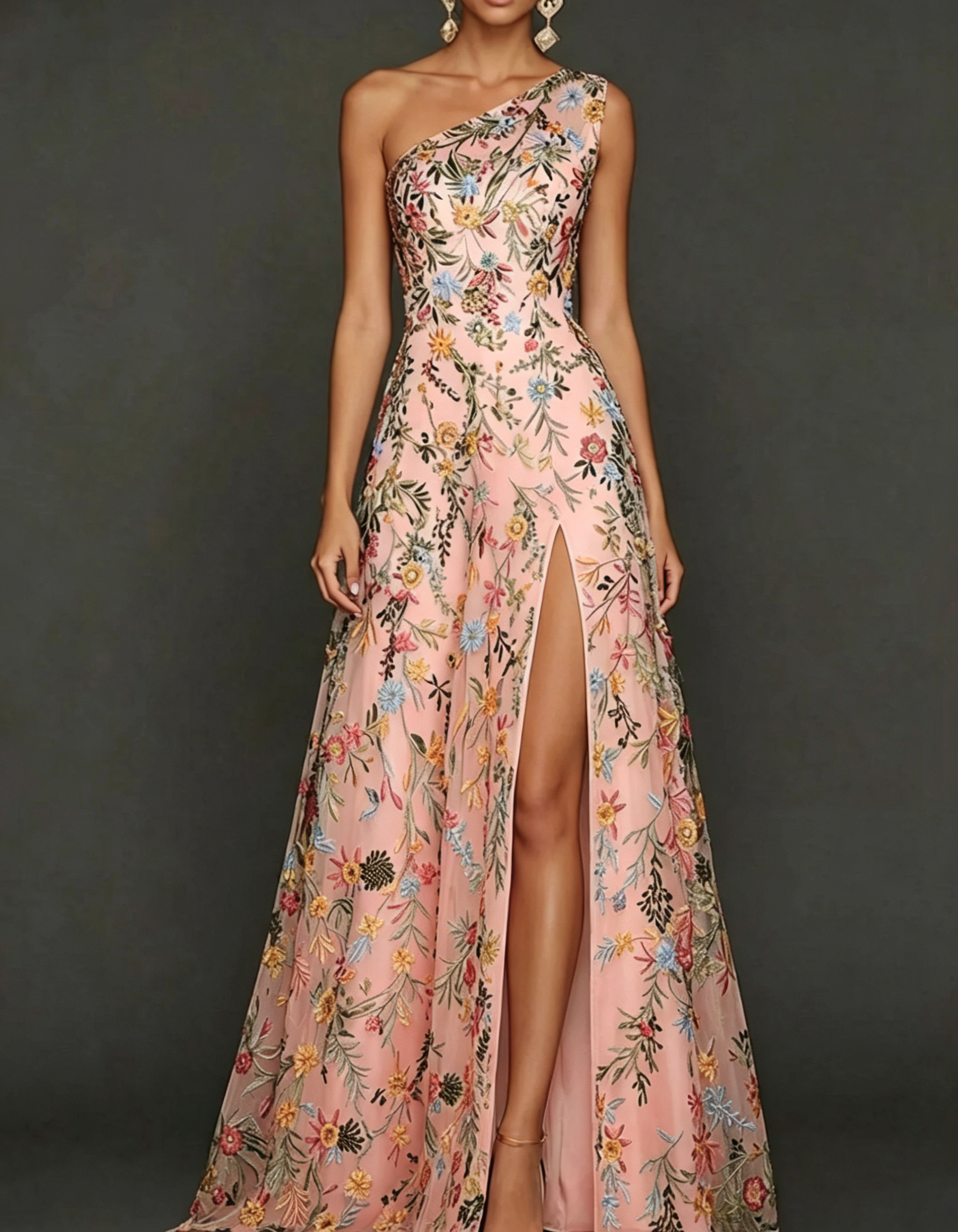 Chiffon Lace Embroidered One Shoulder Fitted Waist Maxi Dress