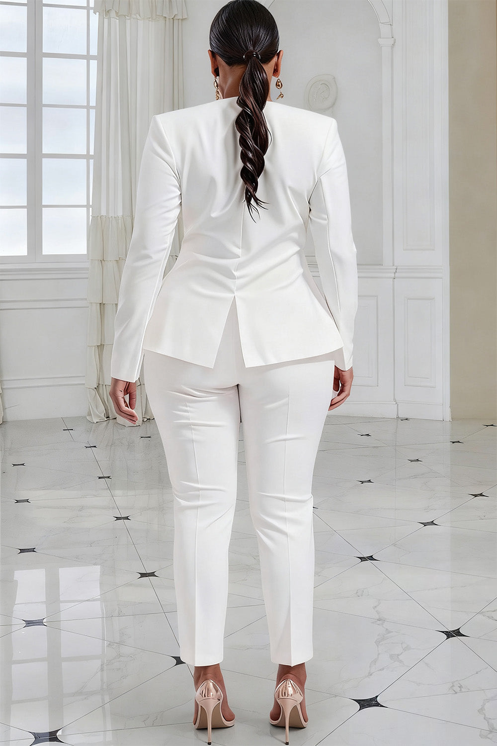 White Turndown Collar Long Sleeve 3D Elegant Pocket Two Piece Pant Suits