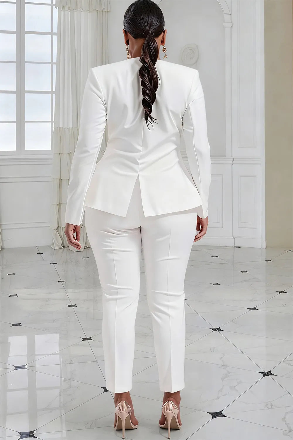 White Turndown Collar Long Sleeve 3D Elegant Pocket Two Piece Pant Suits