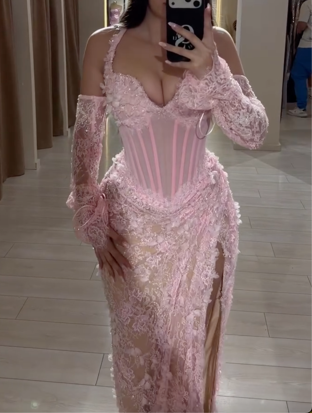 Pink Lace Corset Maxi Dress - Halter Neck Sheer Slit Formal Gown with Detachable Sleeves