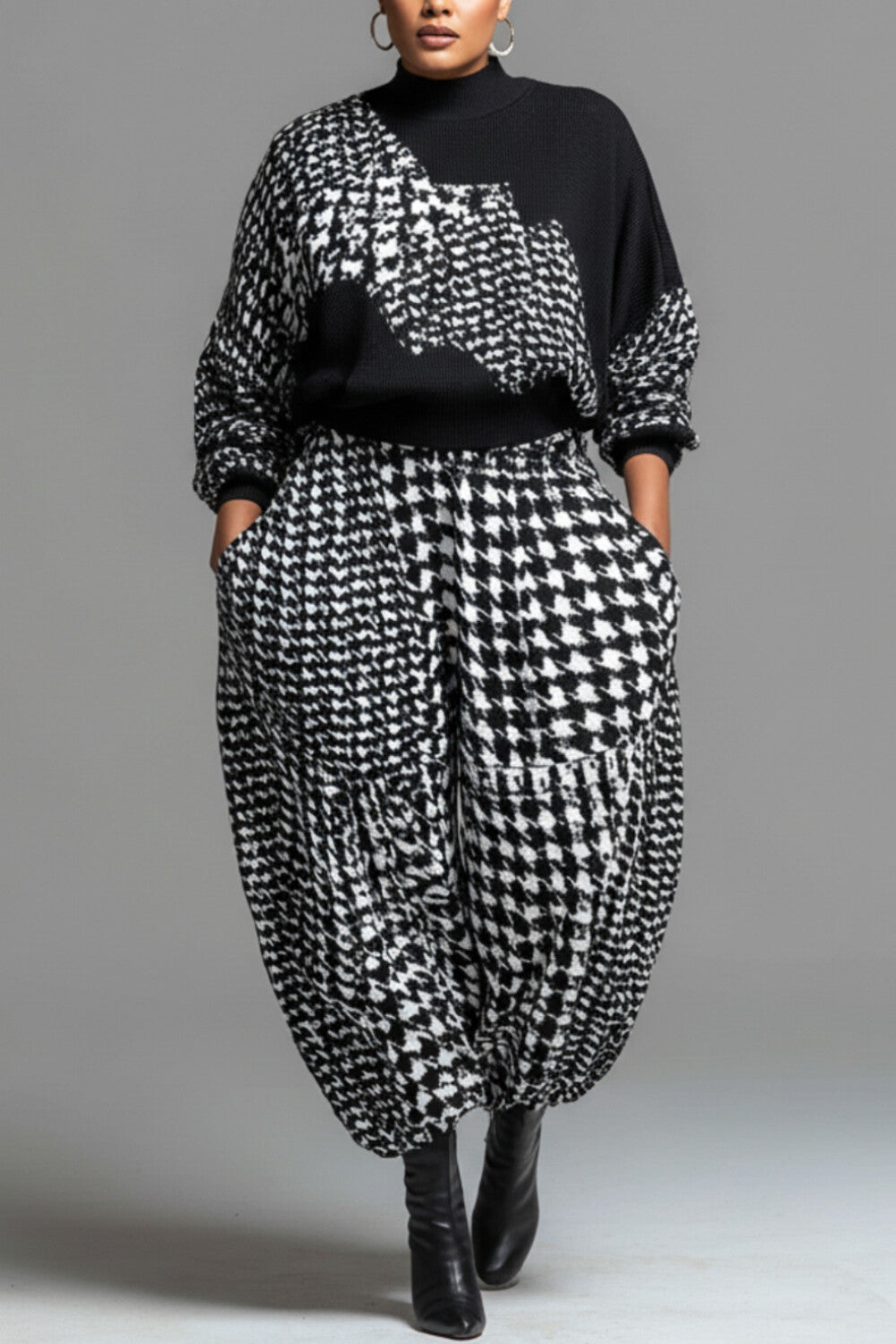 Business Casual Grey Houndstooth Mock Neck Long Sleeve Pocket Casual Jogging Two Piece Pant Sets