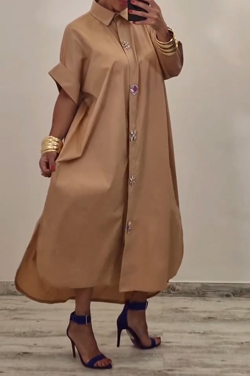 Women's Casual Rhinestone Button Decorative Loose Shirt Dress