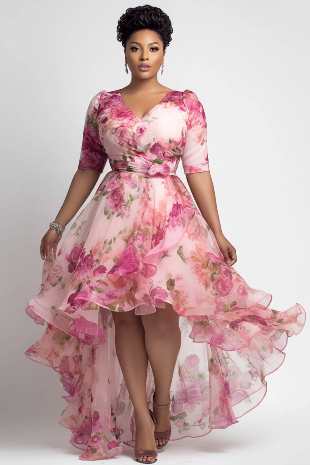 Party Pink Floral Wrap Neck Short Sleeve High Low Hem Ruffle Chiffon Mini Dresses
