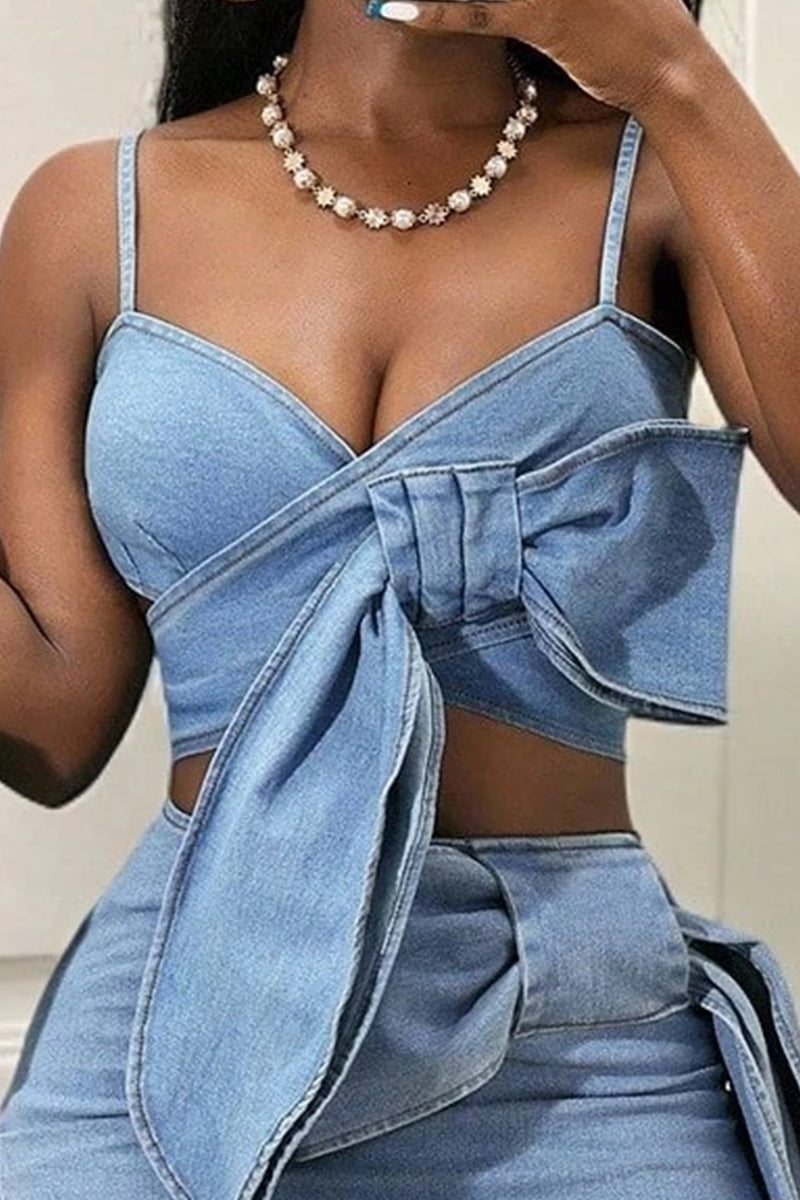 Women's Sexy Bow Accent Denim Cami Top & Sexy Denim Mini Skirt
