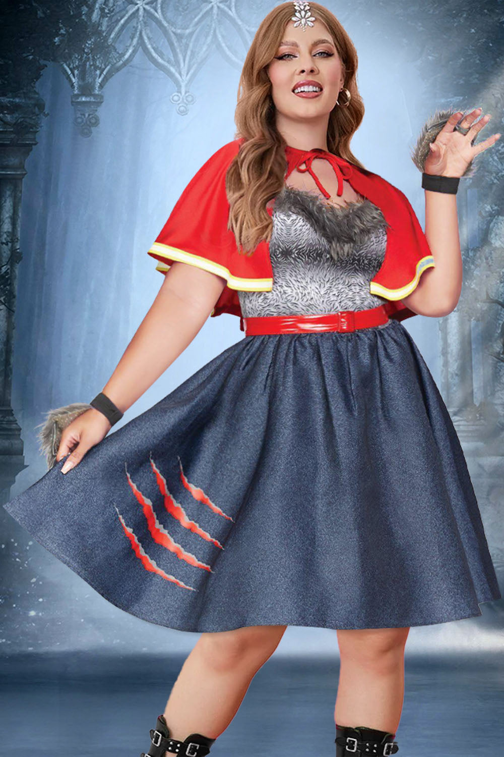Halloween Dress Red Feather Shawl Patchwork Mini Dress(Ships 24h)