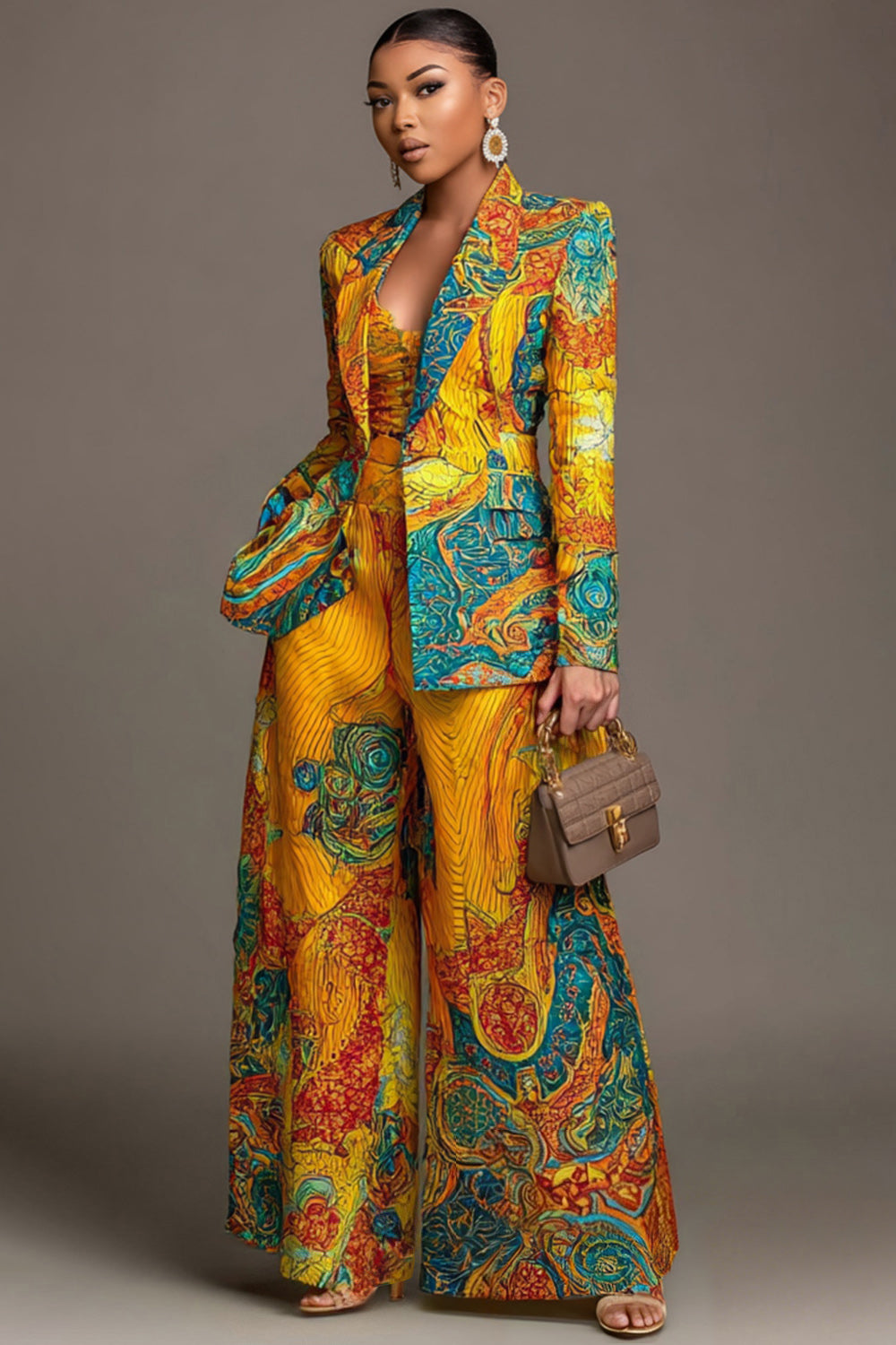 Yellow African Print Lapel Collar Long Sleeve Pocket Wide Leg Two Piece Pant Suits