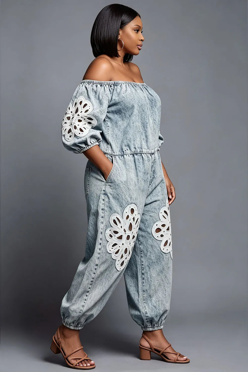 Xpluswear Design Plus Size Vacation White Off The Shoulder Half Sleeve Cut Out Pocket Denim Jumpsuits [Pre-Order]