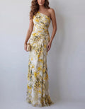 Yellow Watercolor Floral One Shoulder Chiffon Fishtail Maxi Dress