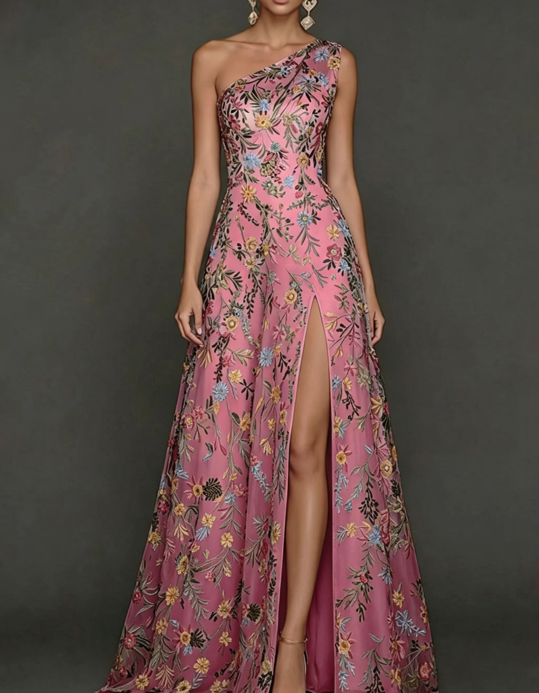 Chiffon Lace Embroidered One Shoulder Fitted Waist Maxi Dress