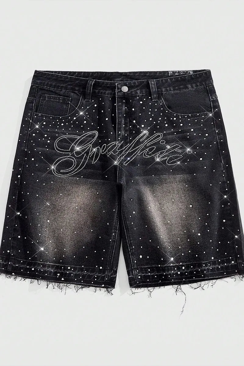 MEN Street Life Spring/Summer Casual Graphic Men'S Summer Casual Rhinestone Washed Frayed Edge Slant Pocket Denim Shorts