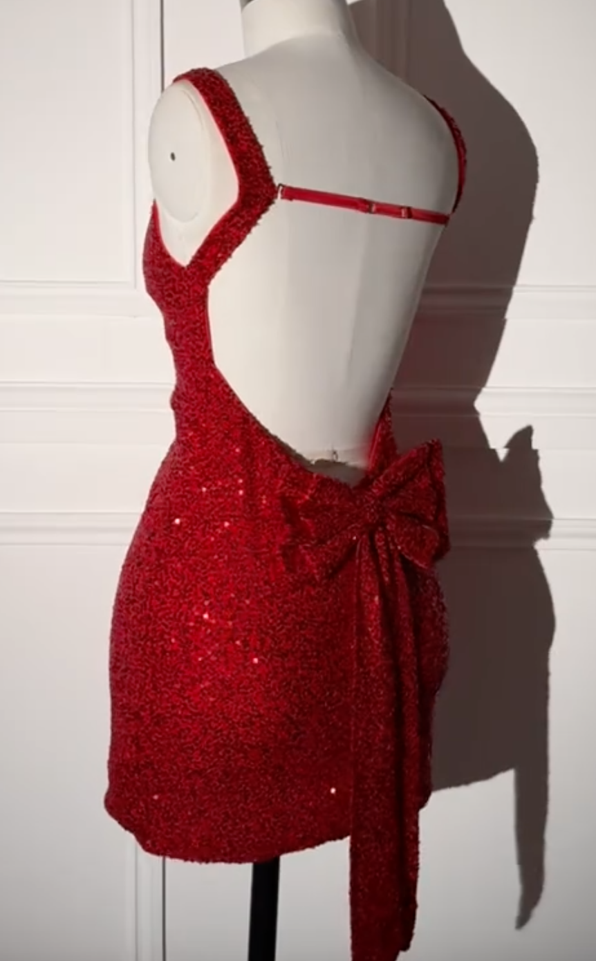 Red Sequin Mini Dress with Oversized Bow Back & Square Neck