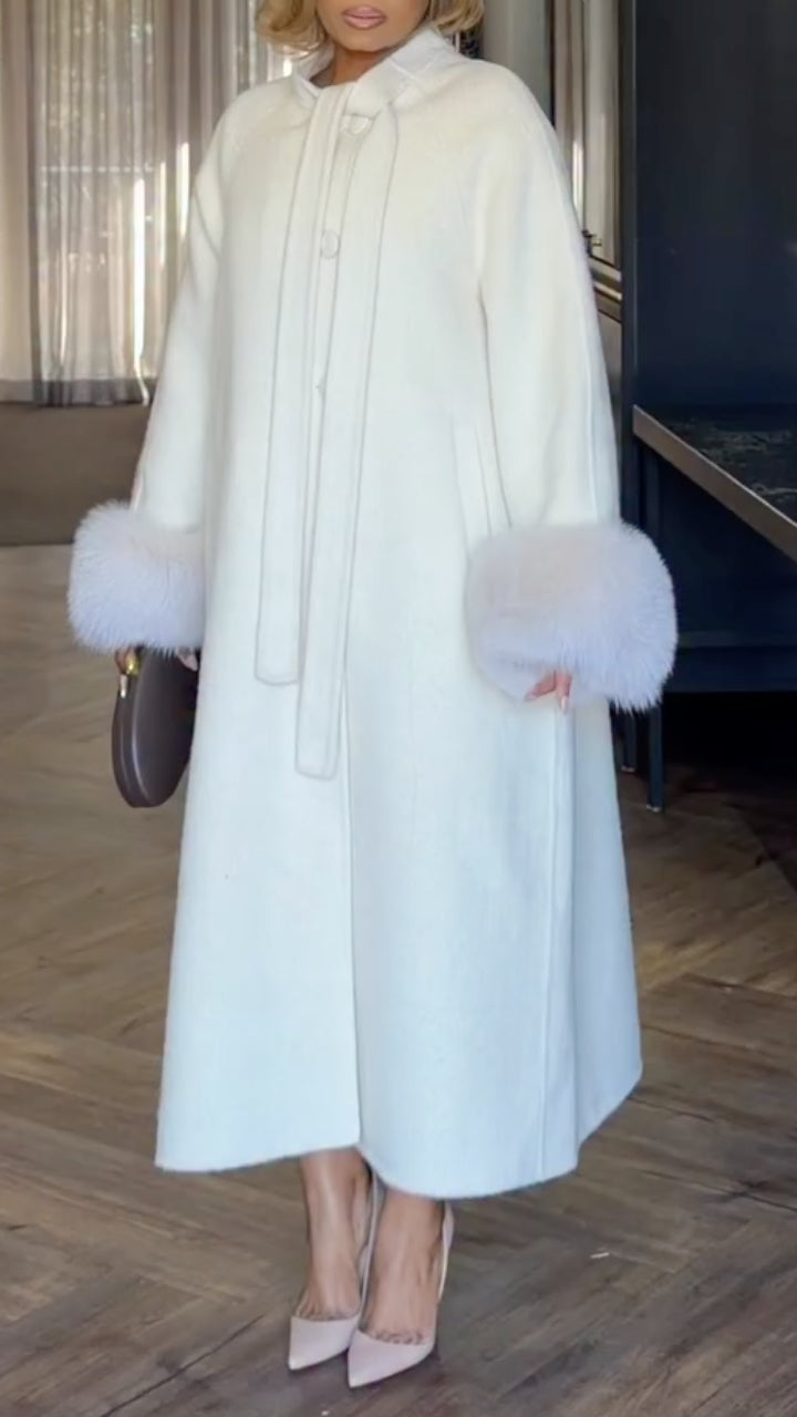 White Faux Fur Cuff Long Wool Coat