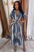 Turndown Collar Short Sleeve Ruched Sash Casual Maxi Dresses-Blue
