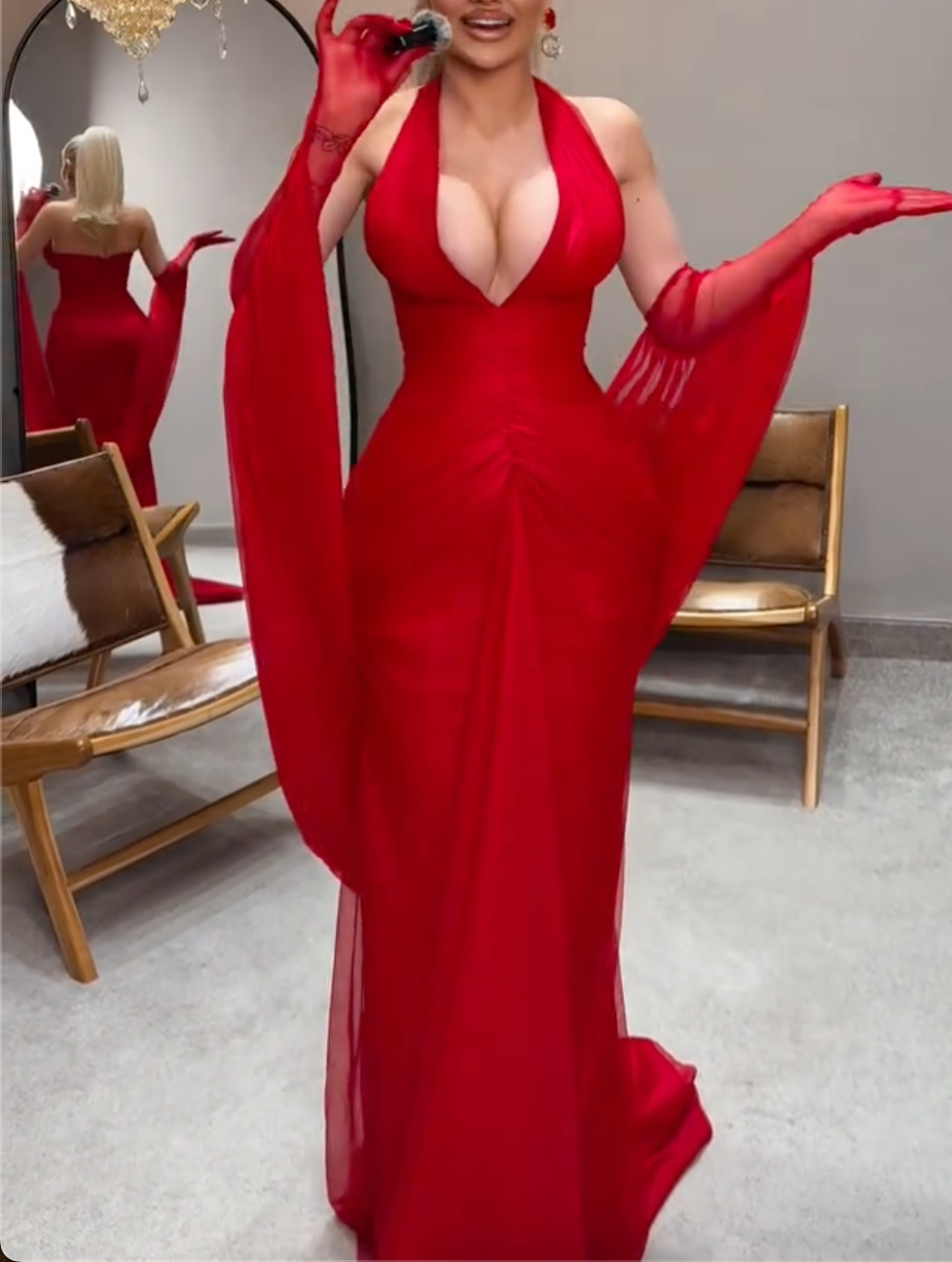 Black & Red Halter V-Neck Chiffon Maxi Dress with Flowy Gloves - Formal Evening Gown for Women
