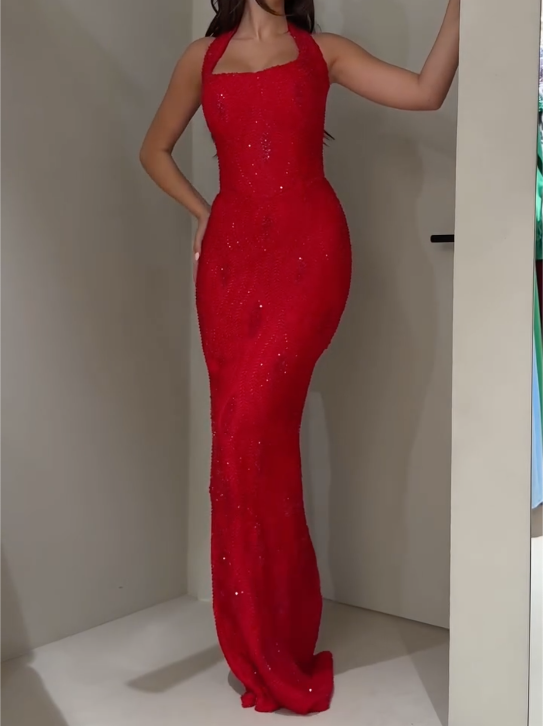 Multi-Color Halter Neck Beaded Mermaid Evening Gown