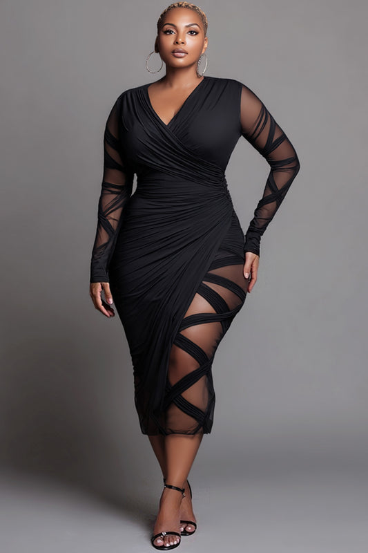Party Black Wrap Neck Long Sleeve Bodycon See Through Midi Dresses