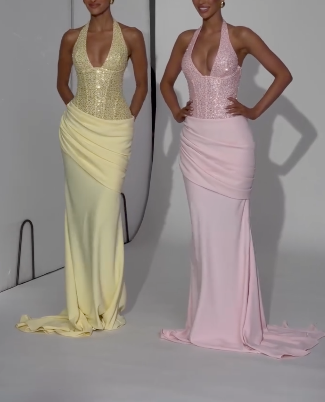 Yellow/Pink Halter Deep V Sequin Corset Ruched Mermaid Maxi Formal Evening Gown