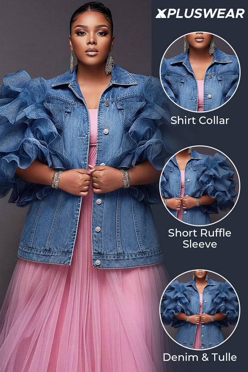 Xpluswear Design Plus Size Party Tulle Blue Shirt Collar Short Sleeve Ruffle Contrast Denim Jacket