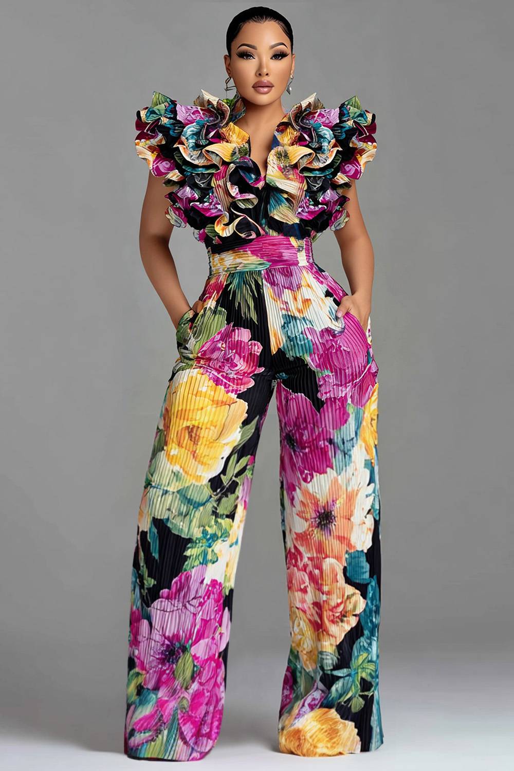 Wedding Guest Multicolor All Over Print V Neck 3D Pocket Jumpsuits