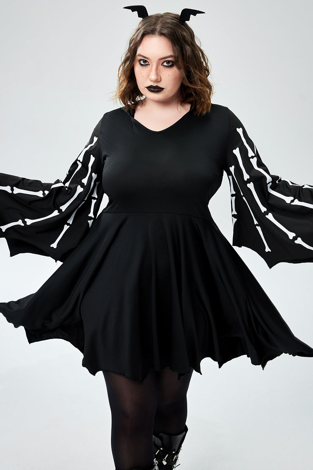 Halloween Costume Black Bat Skeletons Knitted Mini Dress(Ships 24h)