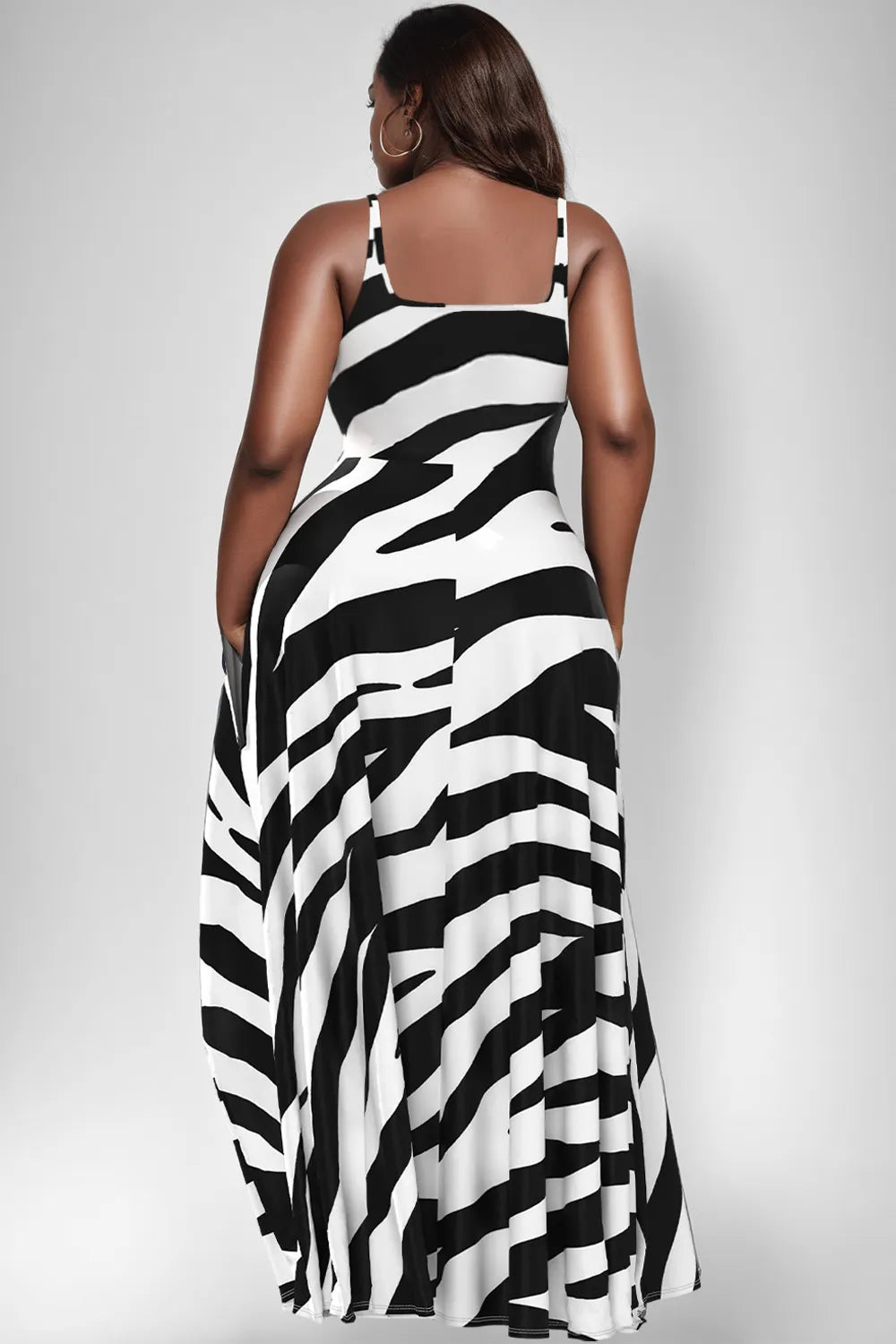 Daily Black Sundress Zebra Print Round Neck Pocket Maxi Dresses
