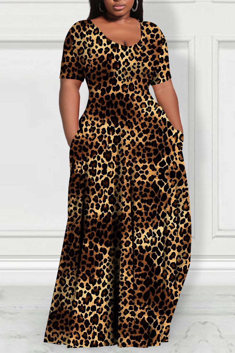 Daily Brown Leopard Round Neck Short Sleeve Pocket Casual Maxi Dresses
