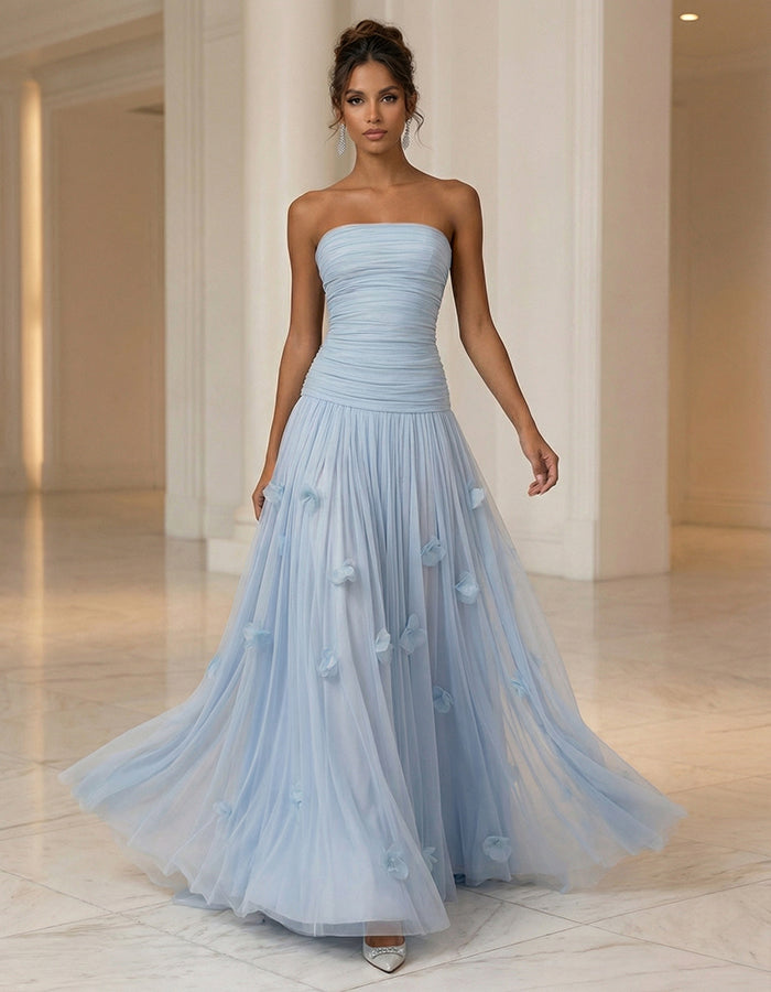 Solid Color Strapless 3D Floral Tulle Maxi Dress